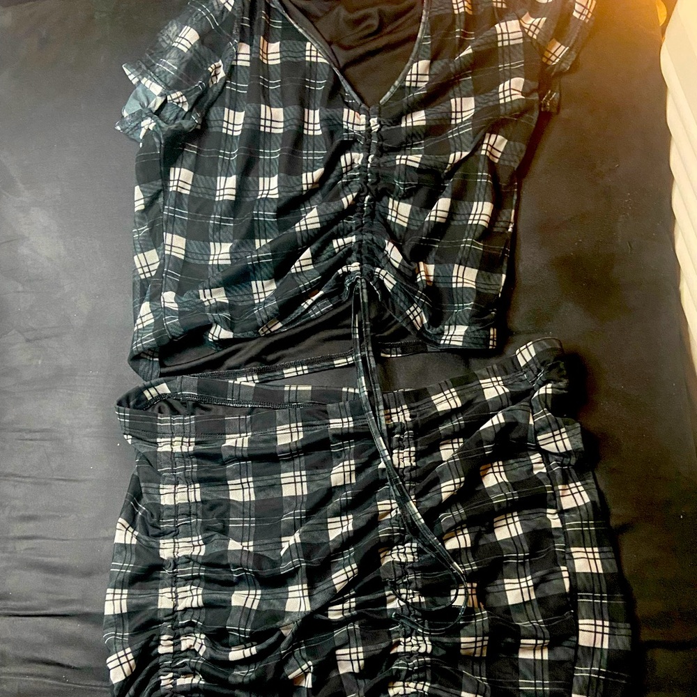 Plaid two piece set top and skirt
